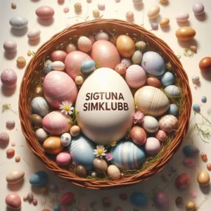 Bilden av ett ägg i en korg. Det står Sigtuna Simklubb på ägget. (Skapad med AI - Microsoft Copilot/Dall-E).